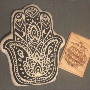 Black and Cream Hamsa Hand Pillow and wooden sign